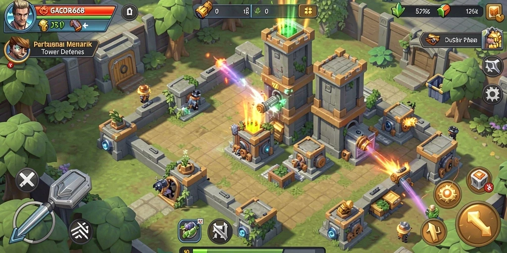 Tampilan screenshot GACOR668 menampilkan aksi menara dalam pertarungan Tower Defense.