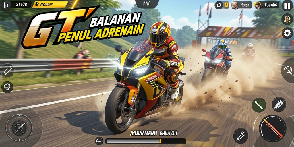 Tangkapan layar GT108 memperlihatkan aksi balapan motor yang menegangkan.