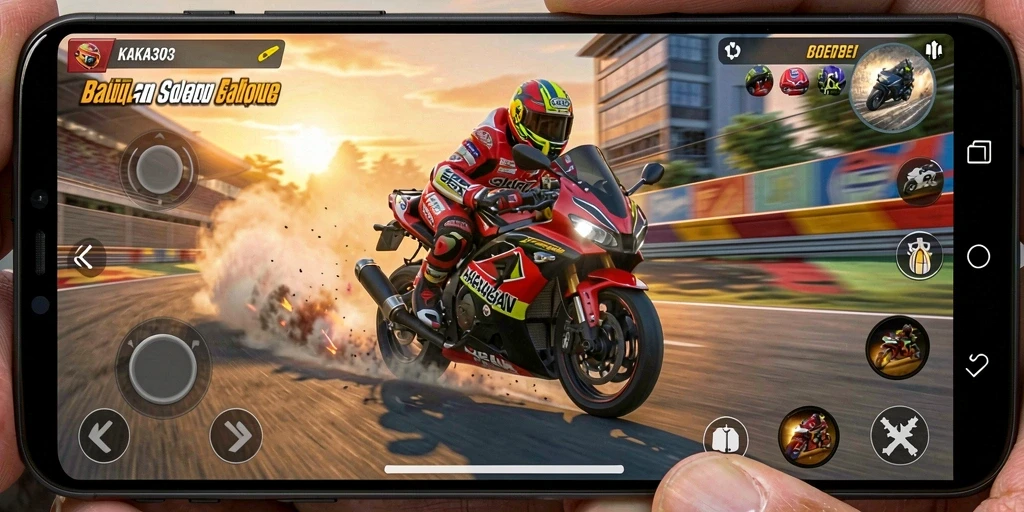 Screenshot gameplay KAKA303 yang menunjukkan aksi balapan motor yang mendebarkan.