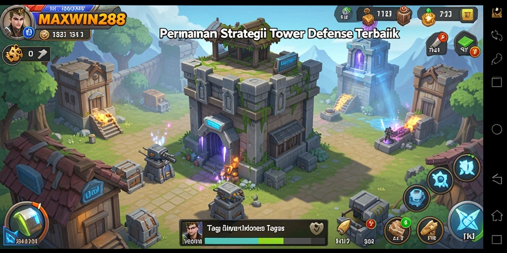 Tampilan gameplay <strong>MAXWIN288</strong> dengan menara dan serangan musuh.