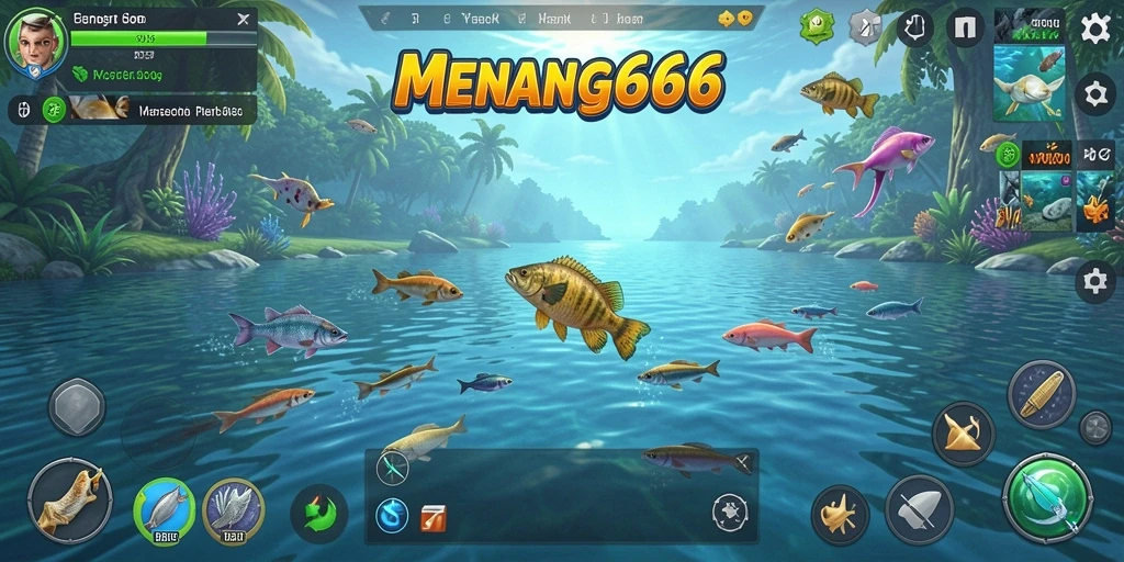 Tampilan gameplay MENANG666 dengan berbagai ikan dan suasana lautan.