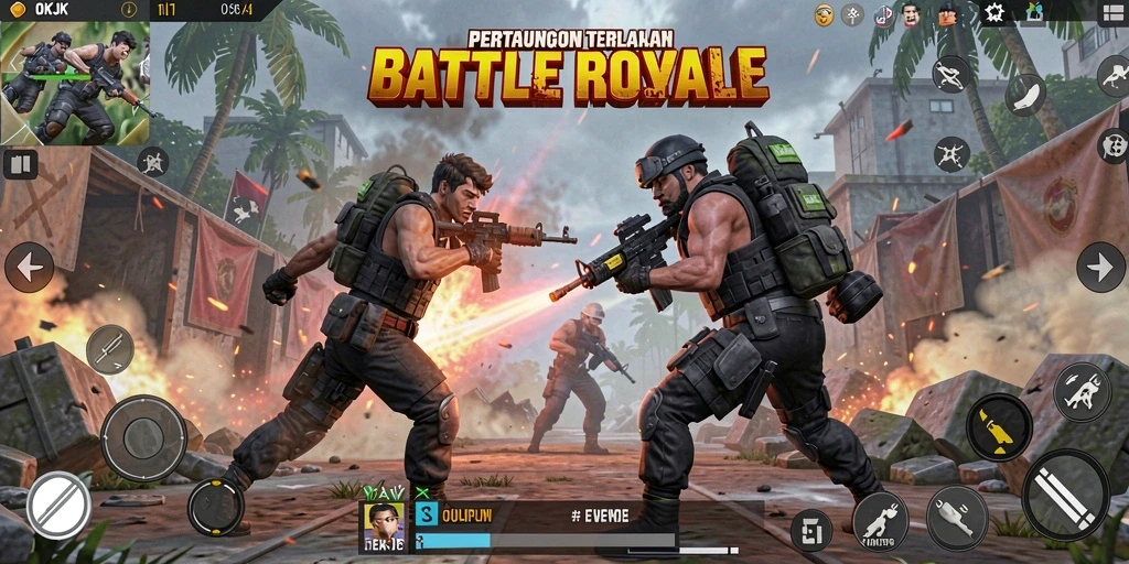 Tampilan aksi mendebarkan dalam gameplay Battle Royale OKJK.