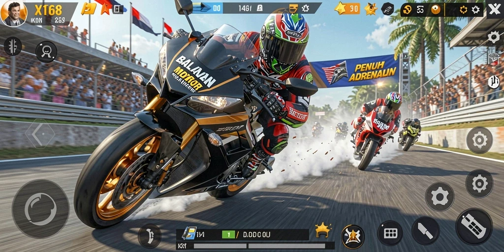 Tampilan gameplay X168 dengan balapan motor yang seru.